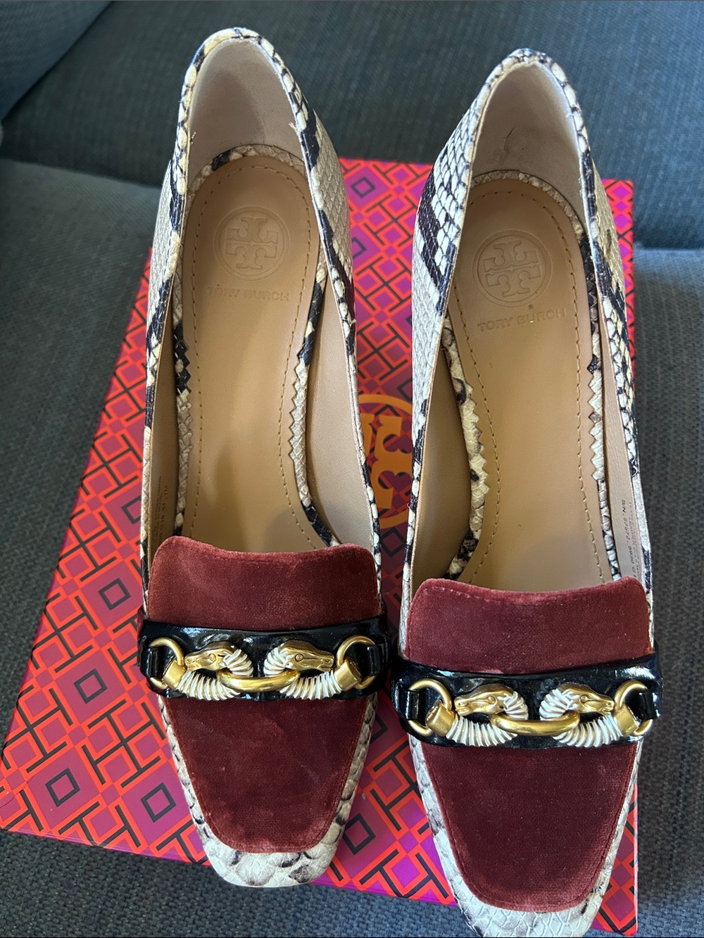Tory Burch Burgundy Suede & Snake-Print Chain-Trim Loafers
